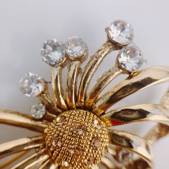 Large 3" VTG MCM Atomic Sun Burst Floral Sunflower Gold Tone Rhinestone Brooch - Picture 5 of 7